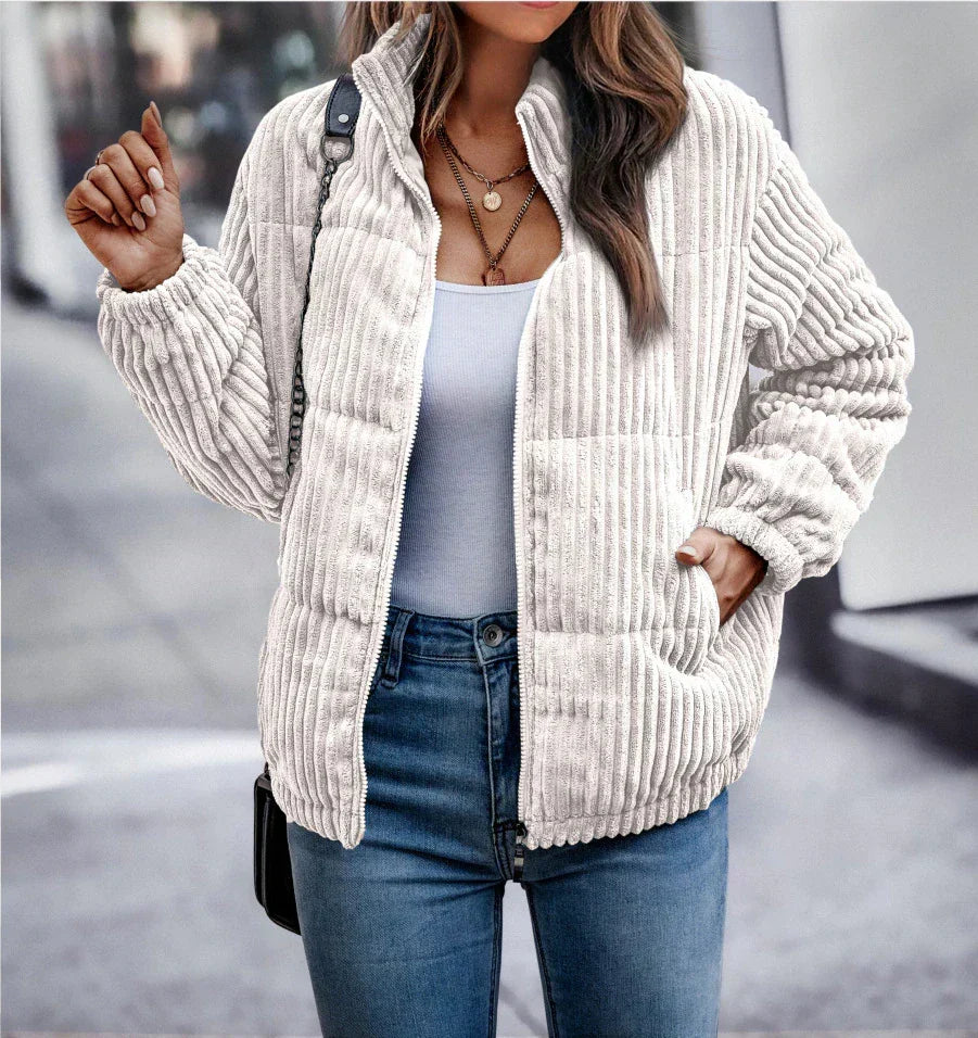 Women's Bold-Rib Corduroy Jacket with Elastic Gathered Cuffs - White