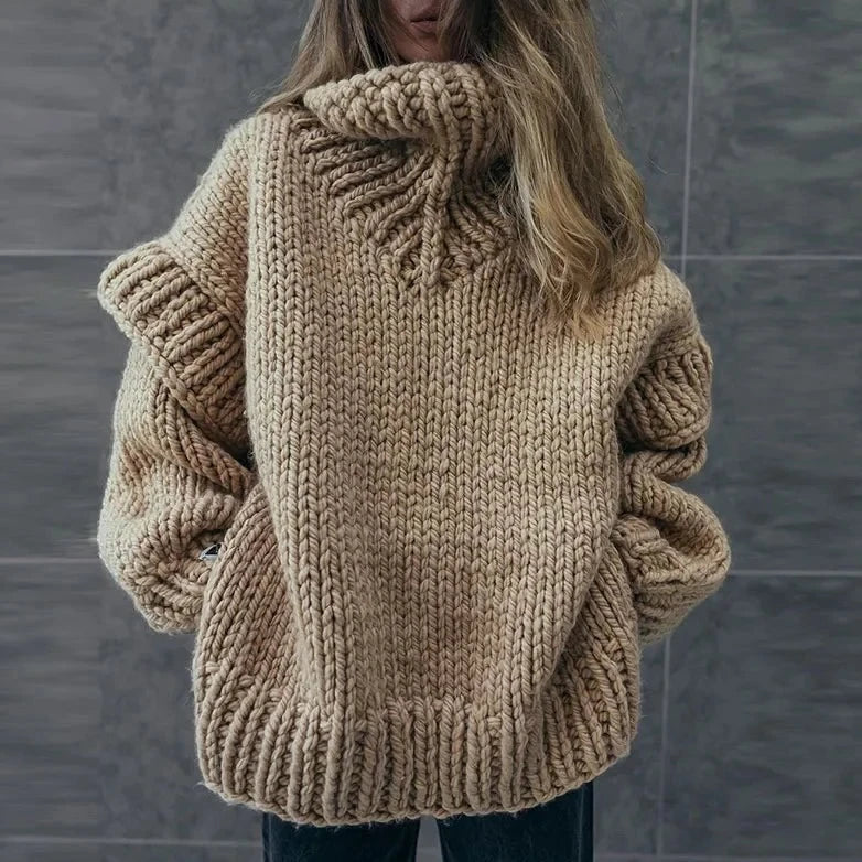 Women's Thick-Knit Oversized Roll Neck Jumper with Ribbed Hem - Taupe