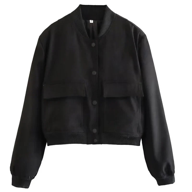 Women's Easy-Fit Snap-Button Bomber with Ribbed Edges - Black