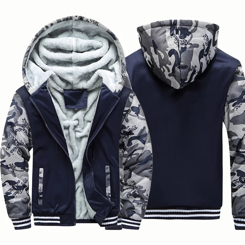 Men's Plush Fleece Full-Zip Hoodie with Ribbed Hem - Navy Camo Sleeve