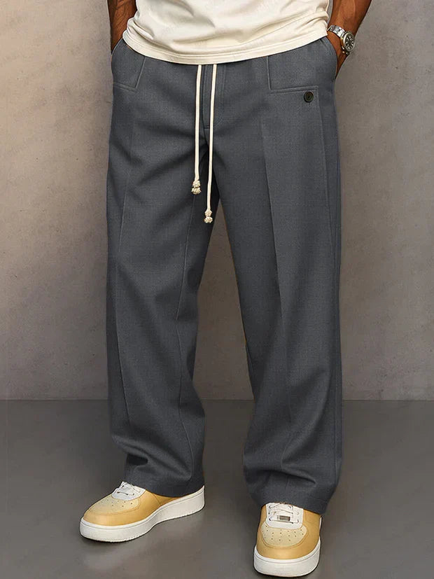 Men's Drawstring Smart-Casual Trousers with Pressed Crease - Dark Grey