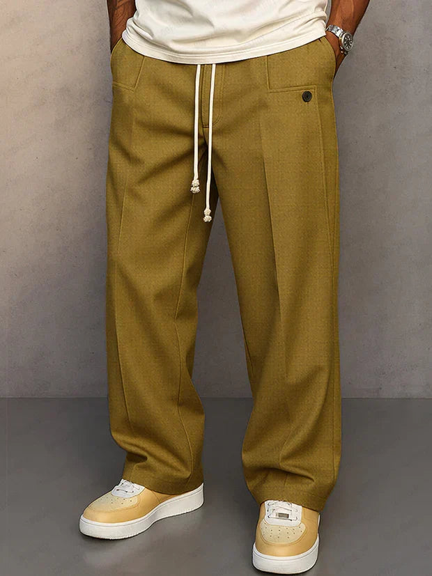 Men's Drawstring Smart-Casual Trousers with Pressed Crease - Khaki