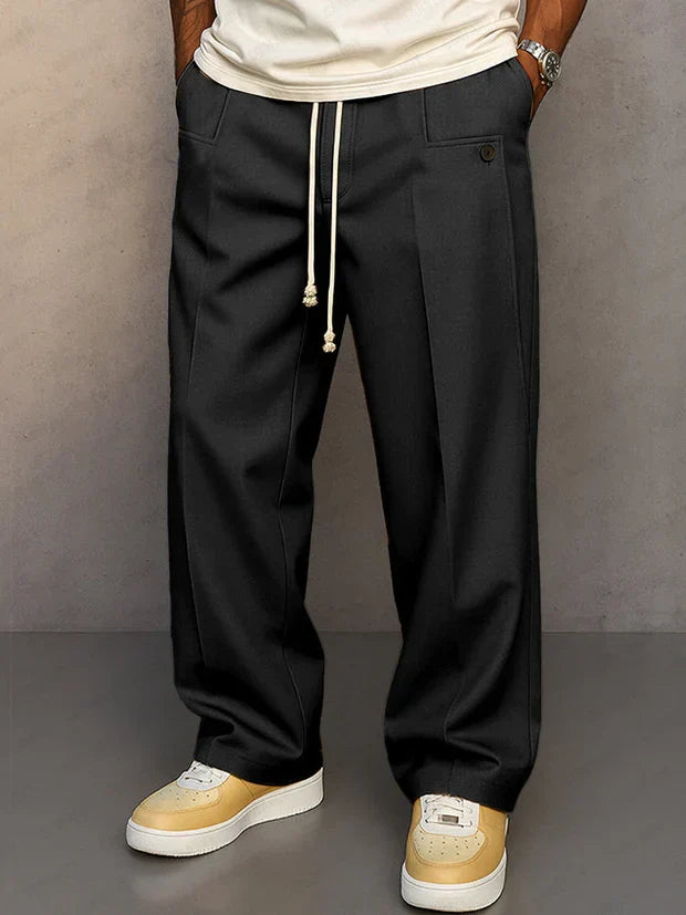 Men's Drawstring Smart-Casual Trousers with Pressed Crease - Black