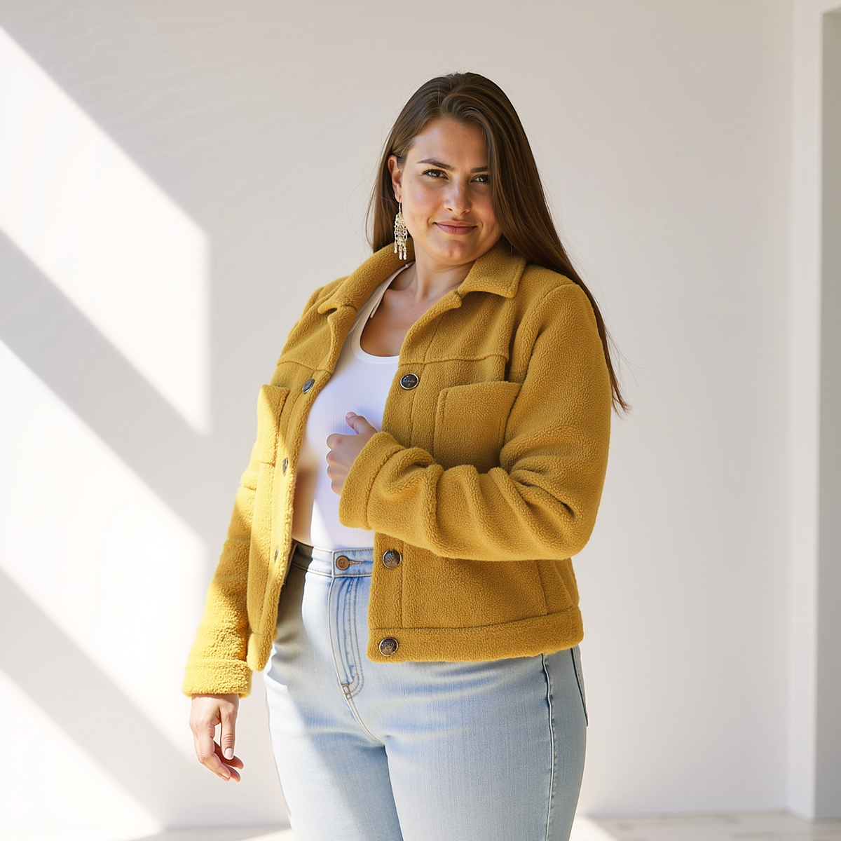 Women's Plush Teddy Shacket with Shirt Collar and Buttons - Mustard Yellow