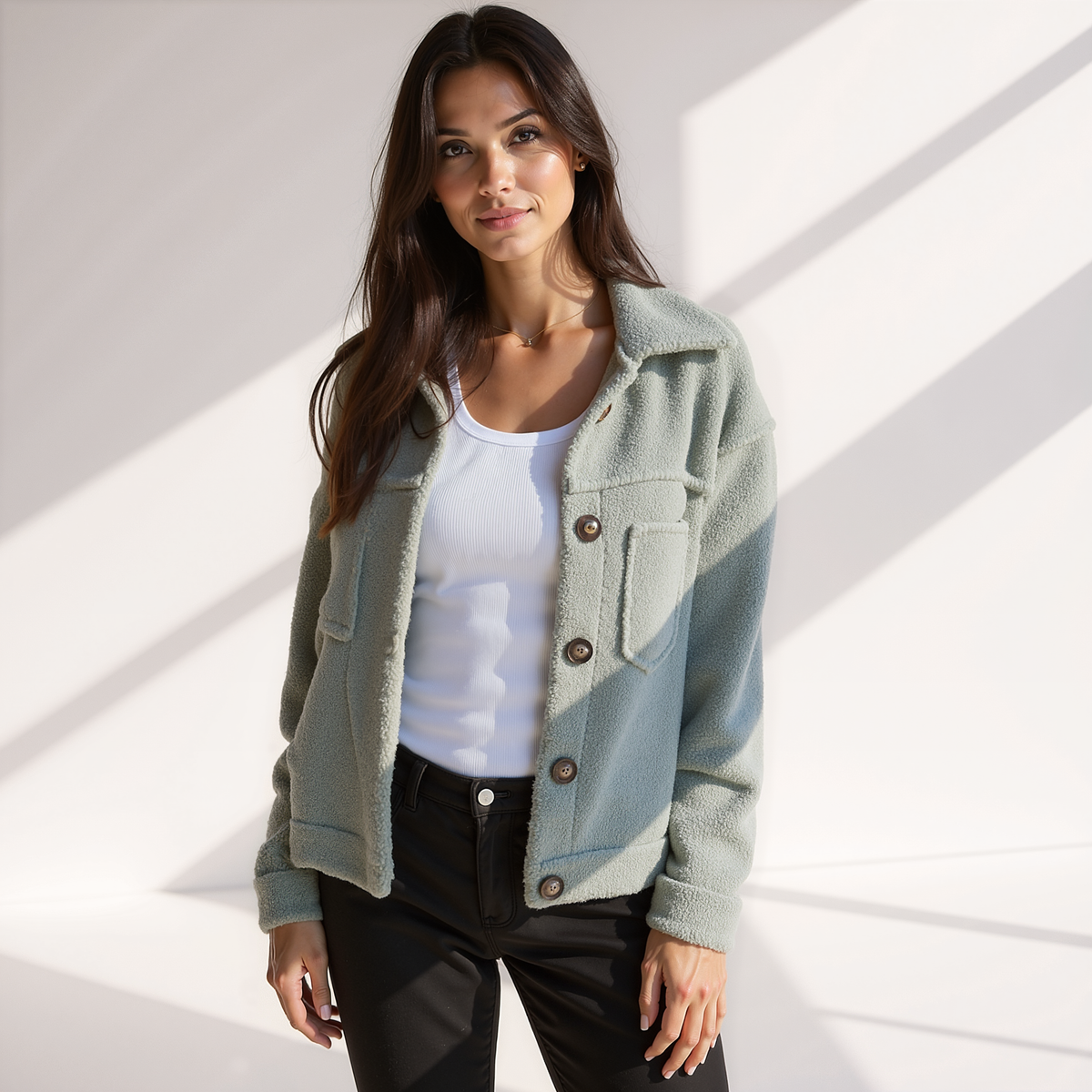 Women's Plush Teddy Shacket with Shirt Collar and Buttons - Sage Green