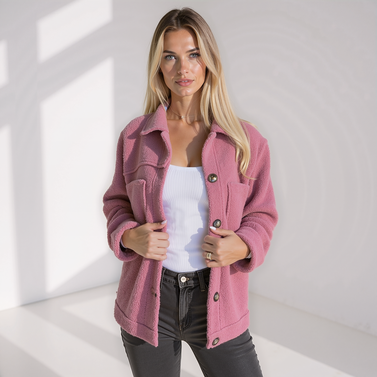 Women's Plush Teddy Shacket with Shirt Collar and Buttons - Pink