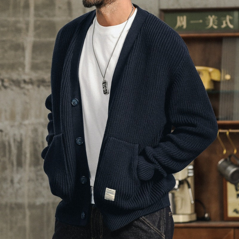 Men's Roomy-Pocket Thick Knit Cotton Cardigan in a Loose Cut