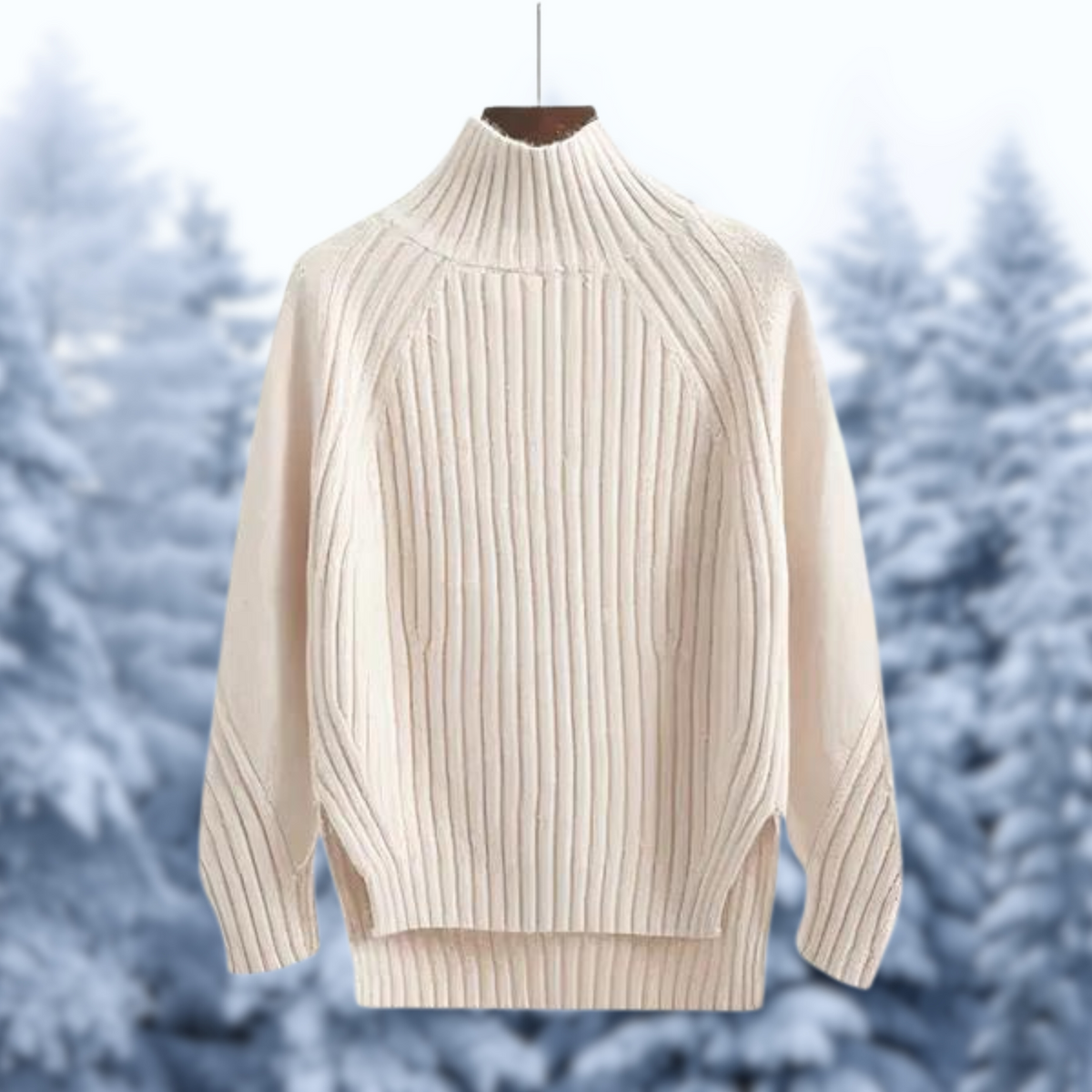 Women's Drop-Shoulder High-Neck Jumper with Dipped Back Hem - Beige