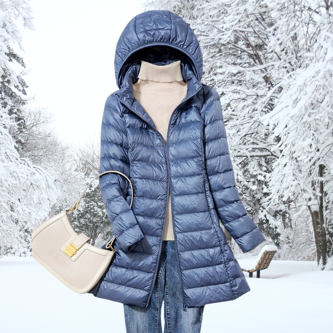 Women's Channel-Quilted Hooded Padded Longline Coat - Blue
