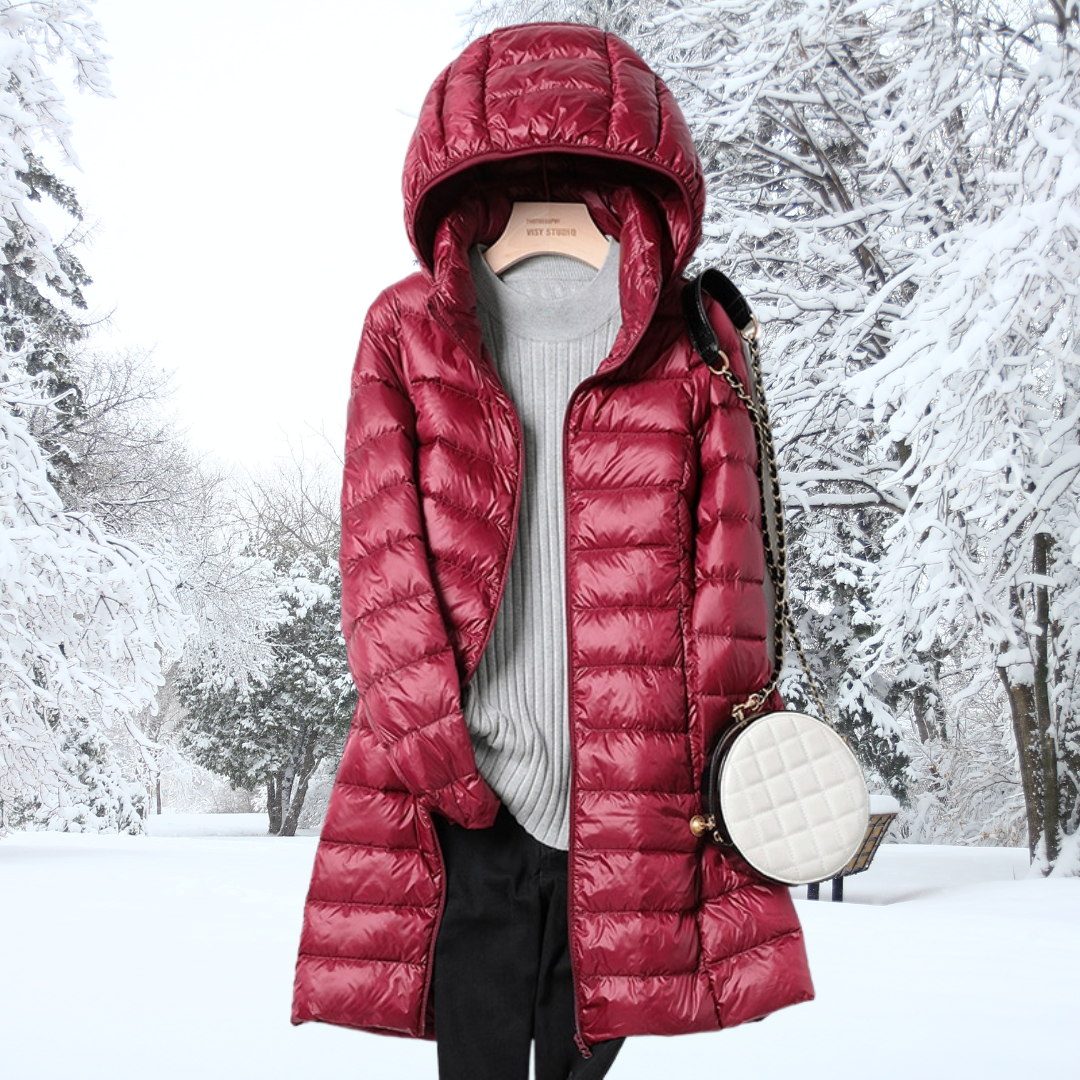 Women's Channel-Quilted Hooded Padded Longline Coat - Wine Red
