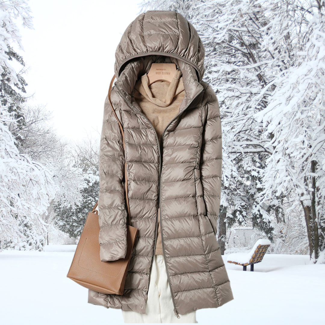 Women's Channel-Quilted Hooded Padded Longline Coat - Taupe