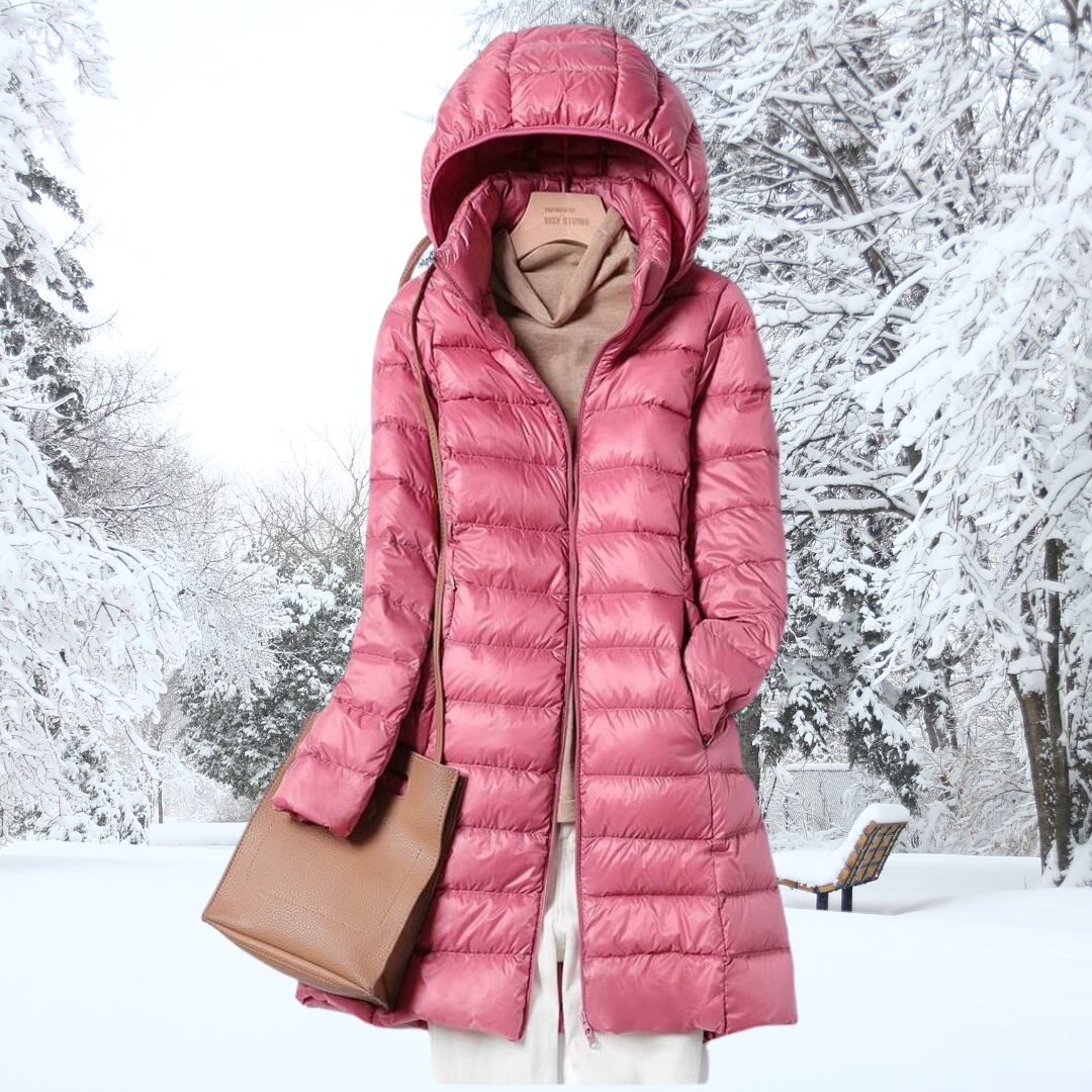 Women's Channel-Quilted Hooded Padded Longline Coat - Pink