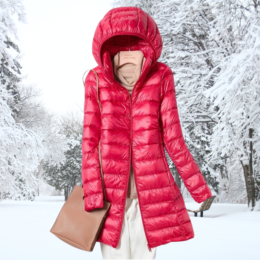 Women's Channel-Quilted Hooded Padded Longline Coat - Red