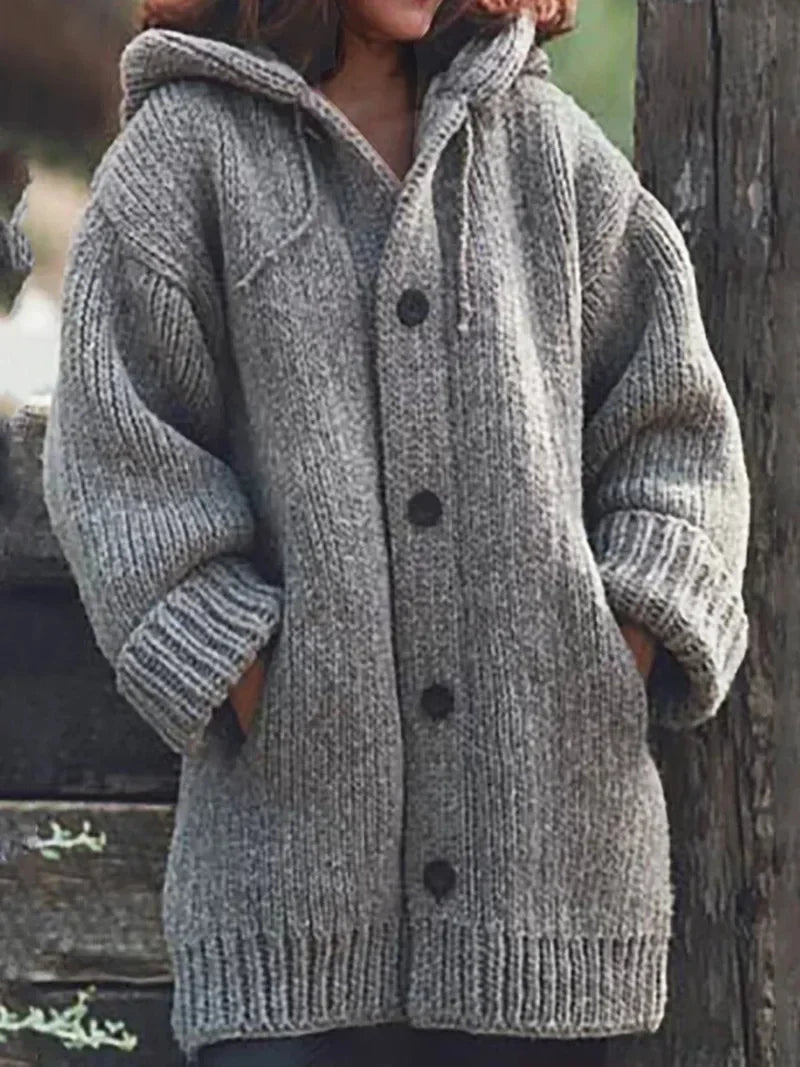 Women's Oversized Dropped-Shoulder Hooded Cardigan in Chunky Knit - Grey