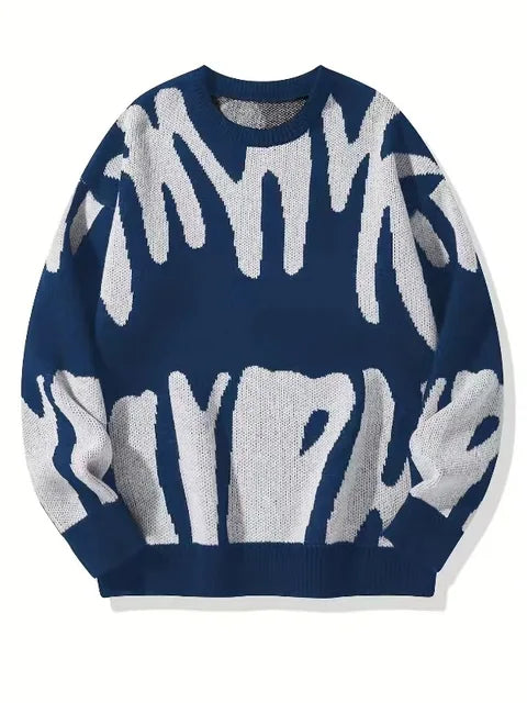 Men's Classic Knit Round Neck Jumper with Long Sleeves - Blue White