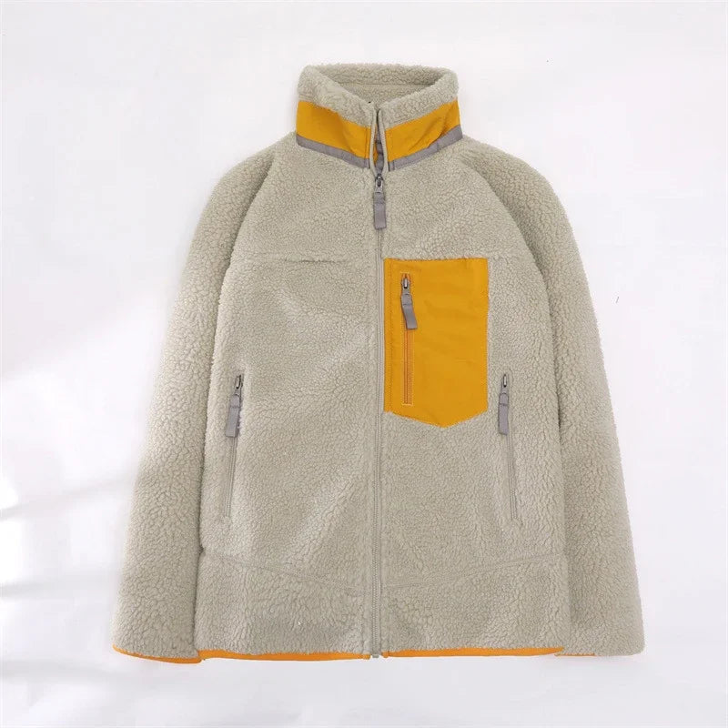 Women's Cosy Sherpa Walking Jacket with Zipped Contrast Pockets - Beige