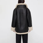 Women's Shearling-Style Lined Faux Leather Jacket with Turn-Back Cuffs