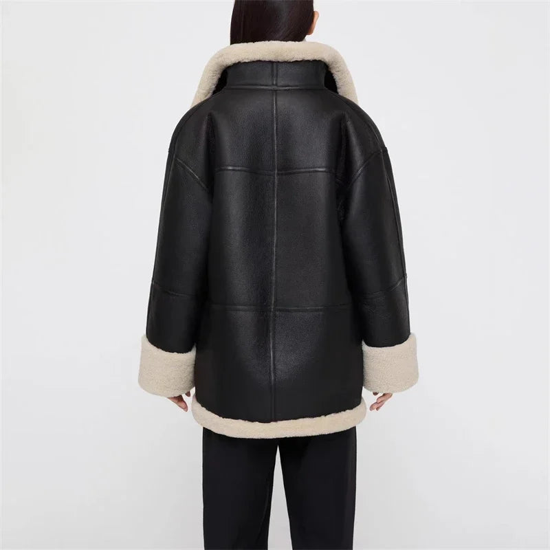Women's Shearling-Style Lined Faux Leather Jacket with Turn-Back Cuffs