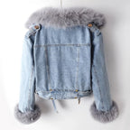 Women's Biker-Style Cropped Denim Jacket with Fluffy Cuffs and Belt