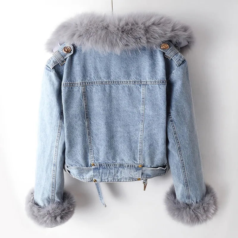 Women's Biker-Style Cropped Denim Jacket with Fluffy Cuffs and Belt