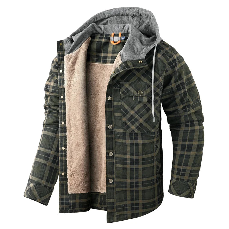 Men's Warm Bold-Check Hooded Shirt Jacket with Chest Pocket - Olive Green