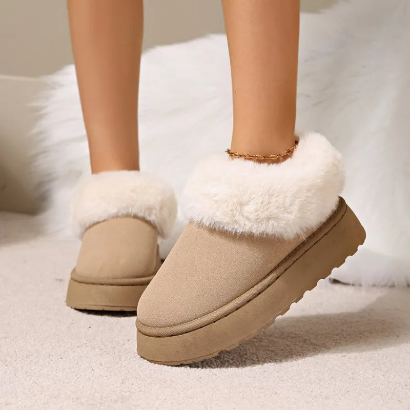 Women's Faux Suede Pull-On Winter Boots with Cosy Plush Cuff - Beige