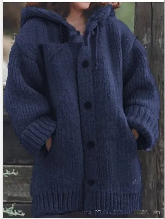 Women's Oversized Dropped-Shoulder Hooded Cardigan in Chunky Knit - Navy Blue