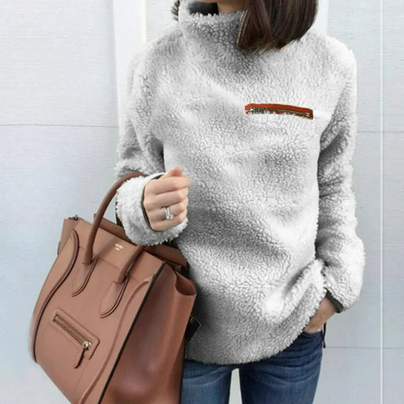 Women's High-Neck Teddy Jumper with Contrast Chest Pocket - Light Grey