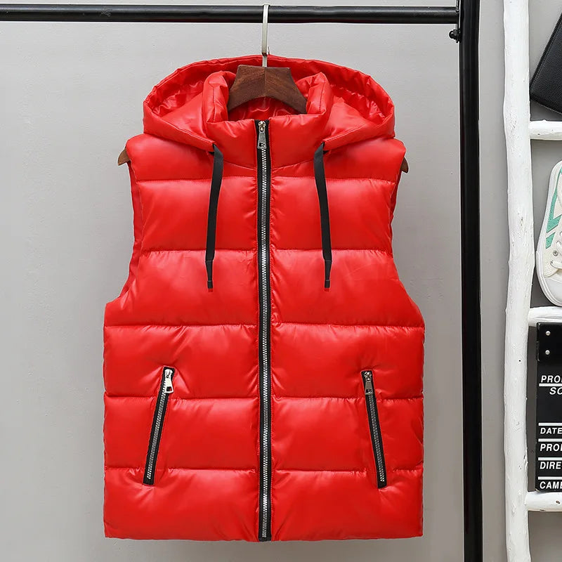 Men's High-Shine Quilted Hooded Gilet for Layering - Red