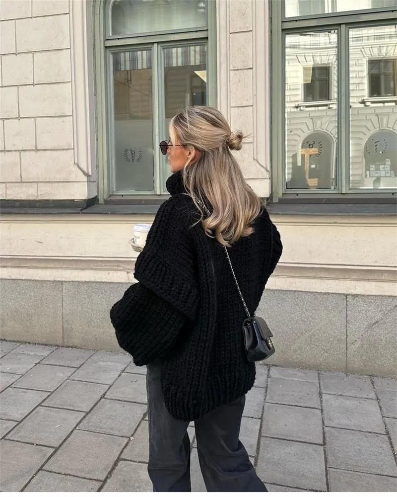 Women's Oversized Chunky Polo Neck Jumper with Ribbed Hem
