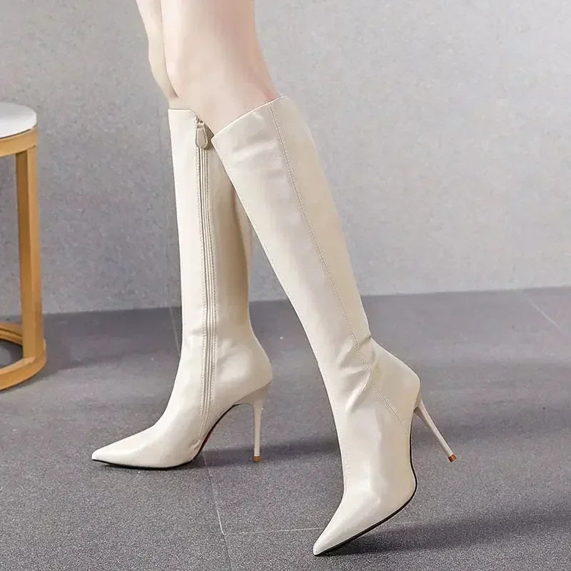 Women's Faux Leather Party Boots with Slender Stiletto Heel - Cream