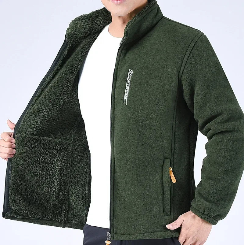 Men's Winter Polar Fleece Jacket with Raised Neck and Zip Pockets - Olive Green