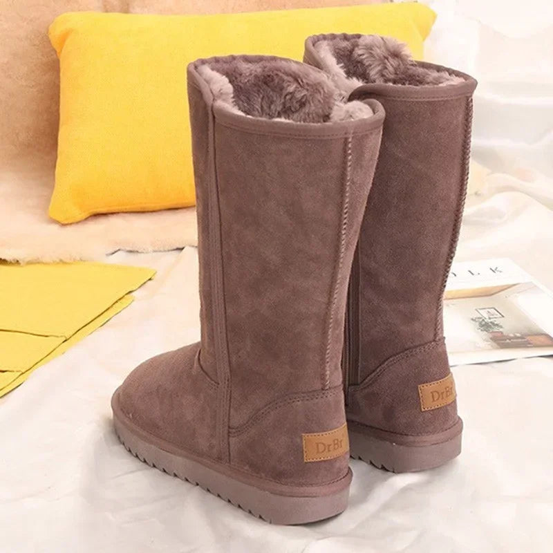 Women's Genuine Leather Knee-High Boots with Fur Lining and Flat Sole