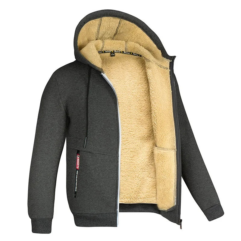 Men's Plush Fleece Full-Zip Hoodie with Ribbed Hem - Dark Grey