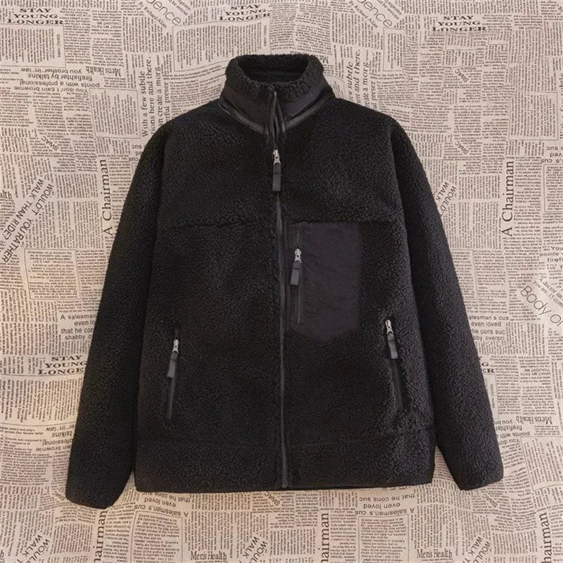 Women's Cosy Sherpa Walking Jacket with Zipped Contrast Pockets - Black