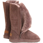 Women's Genuine Leather Knee-High Boots with Fur Lining and Flat Sole - Brown