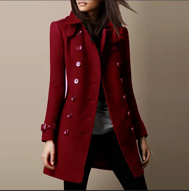 Women's Fitted Mid-Thigh Coat with Structured Shoulders - Wine Red