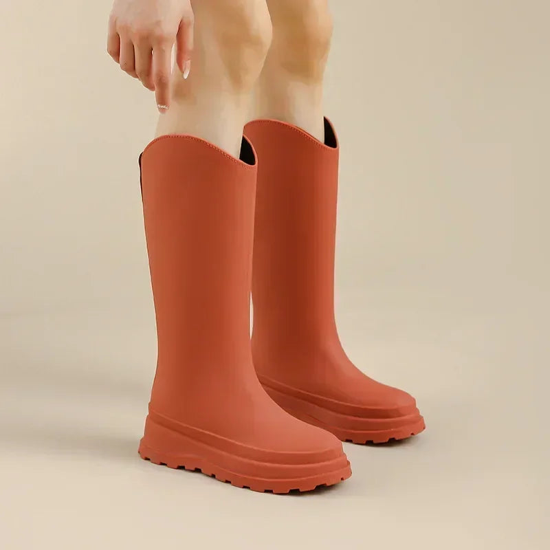 Women's Warm Lined Rubber Wellies with Optional Faux Fur Trim - Orange