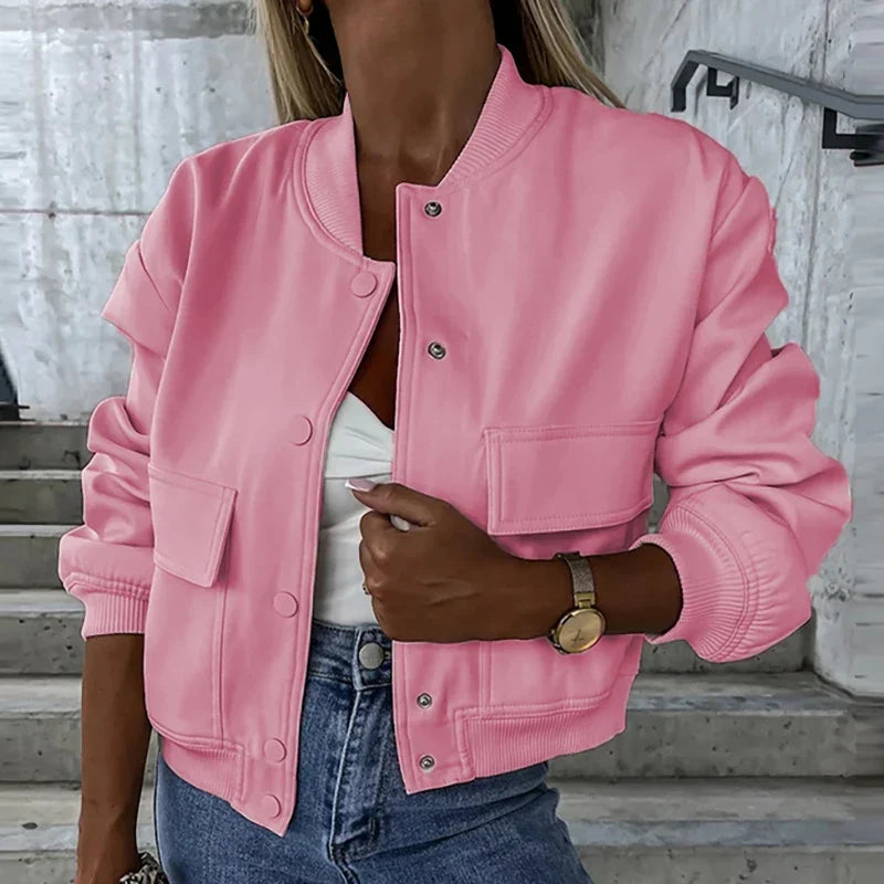 Women's Easy-Fit Snap-Button Bomber with Ribbed Edges