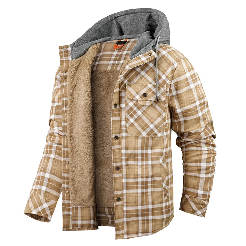 Men's Warm Bold-Check Hooded Shirt Jacket with Chest Pocket - Khaki