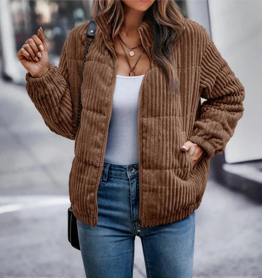 Women's Bold-Rib Corduroy Jacket with Elastic Gathered Cuffs - Brown