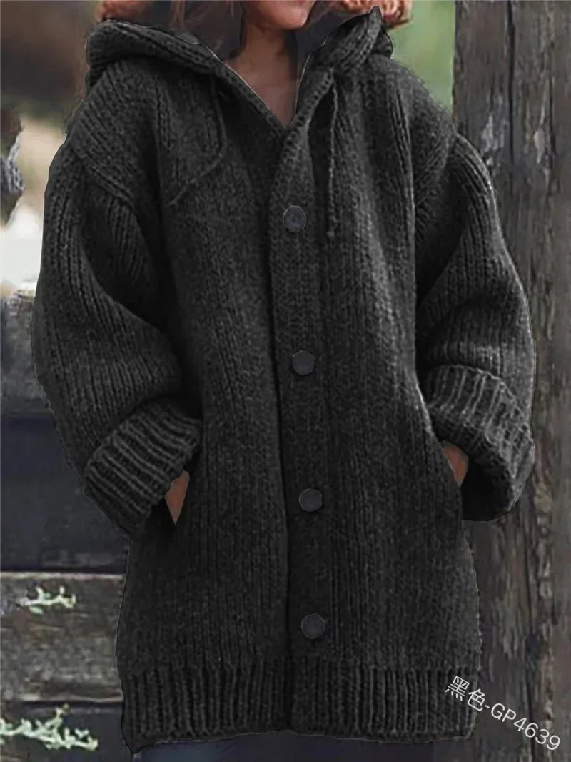 Women's Oversized Dropped-Shoulder Hooded Cardigan in Chunky Knit - Black
