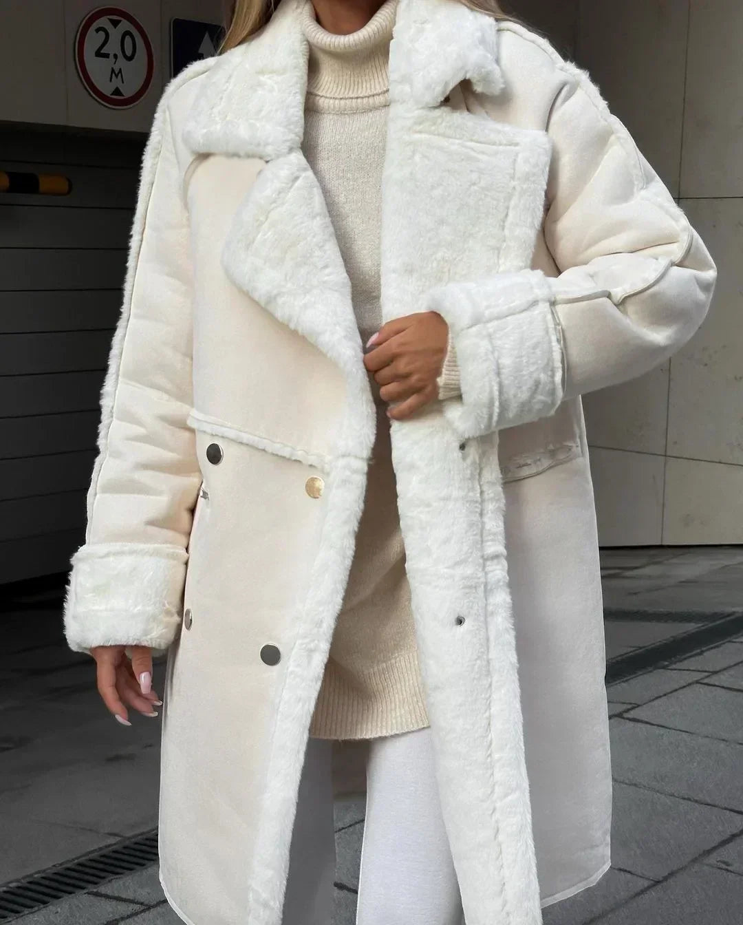 Women's Relaxed Double-Breasted Faux Fur Lined Coat with Wide Lapels - White