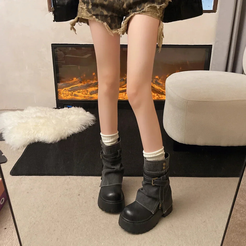 Women's Textured-Shaft Lugged Platform Ankle Boots with Buckle Straps