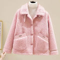 Women's Contrast-Trim Teddy Jacket with Buckled Aviator Collar - Pink