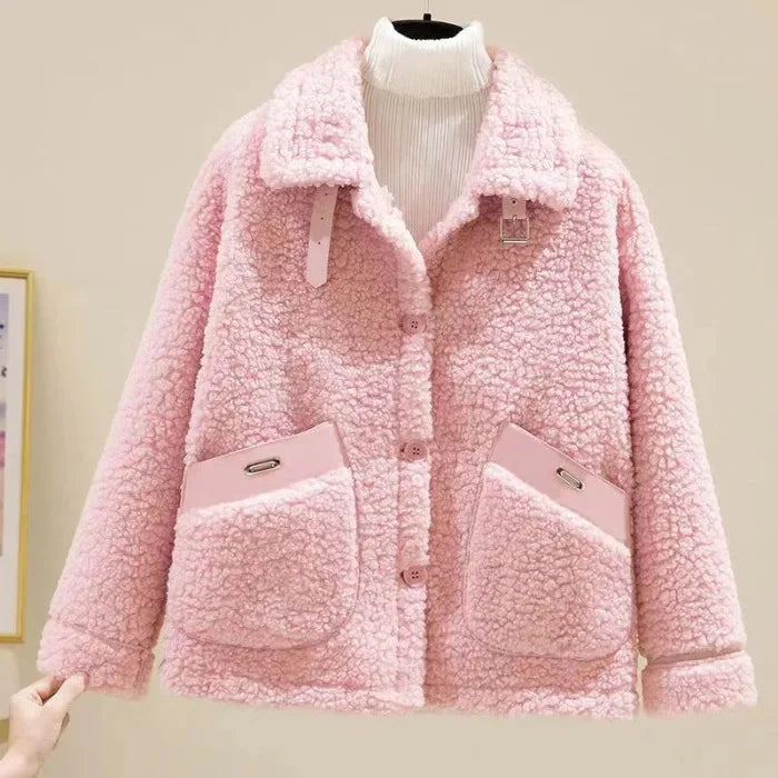 Women's Contrast-Trim Teddy Jacket with Buckled Aviator Collar - Pink
