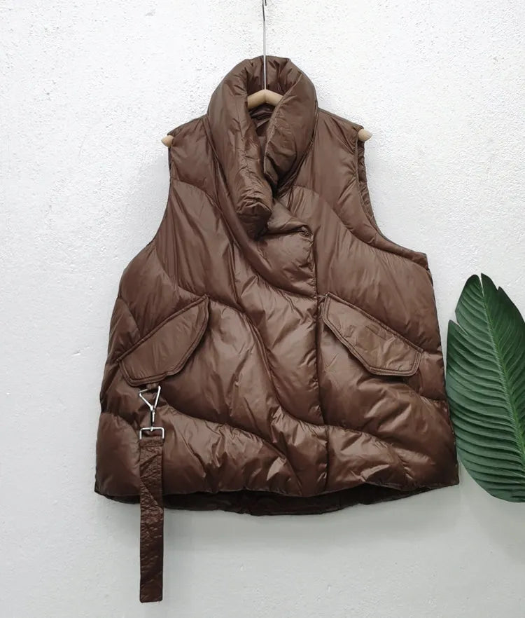 Women's Oversized Padded Gilet with Drawstring Hem and Subtle Sheen - Brown