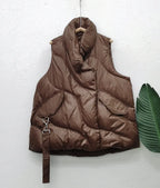 Women's Oversized Padded Gilet with Drawstring Hem and Subtle Sheen - Brown