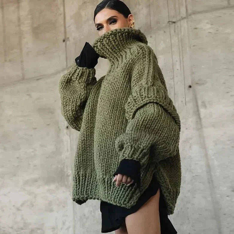 Women's Thick-Knit Oversized Roll Neck Jumper with Ribbed Hem - Olive Green