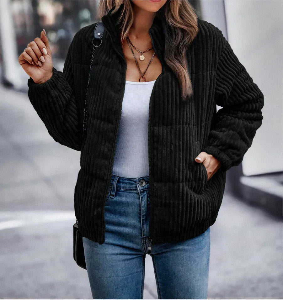 Women's Bold-Rib Corduroy Jacket with Elastic Gathered Cuffs - Black